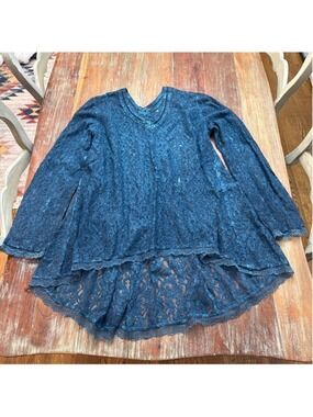 Kyla Seo Teal Floral Lace High Low Tunic Top XL